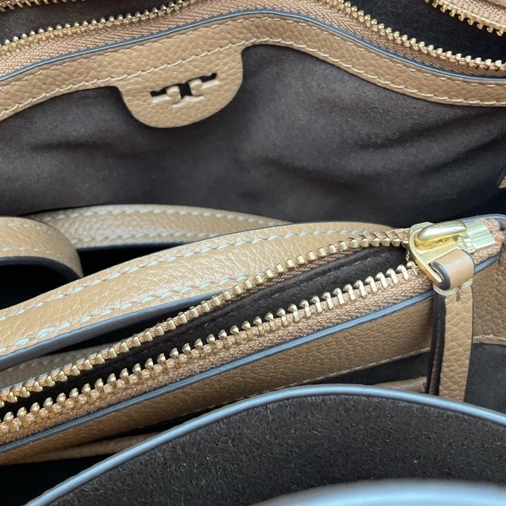 Tory Burch Tan Pebbled Leather Tote with Logo